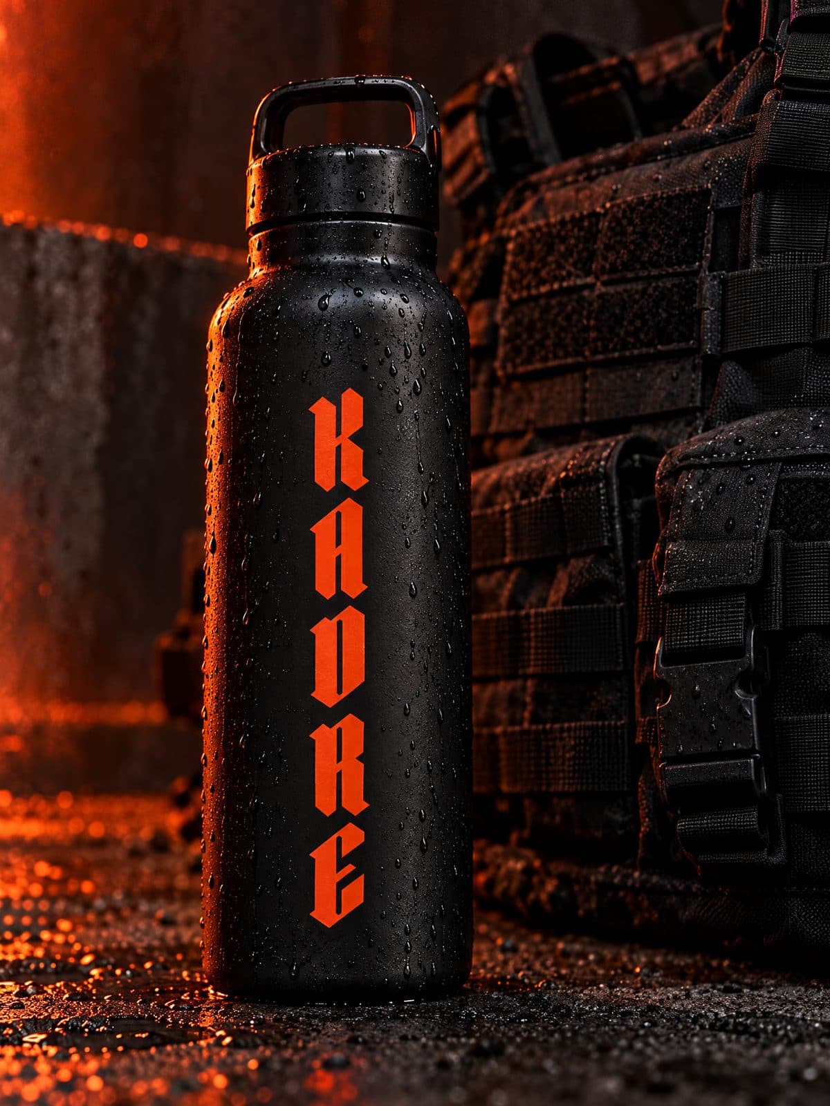 Black bottle with the KADRE wordmark beside a tactical vest