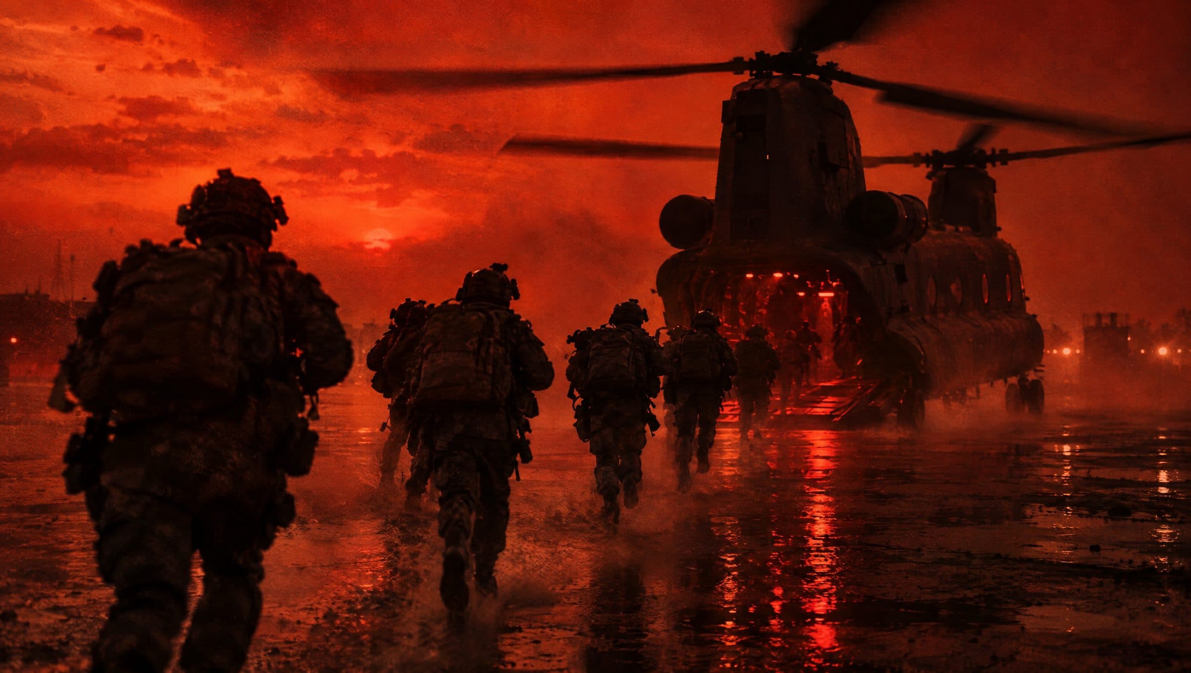 Operators running toward a helicopter through orange haze