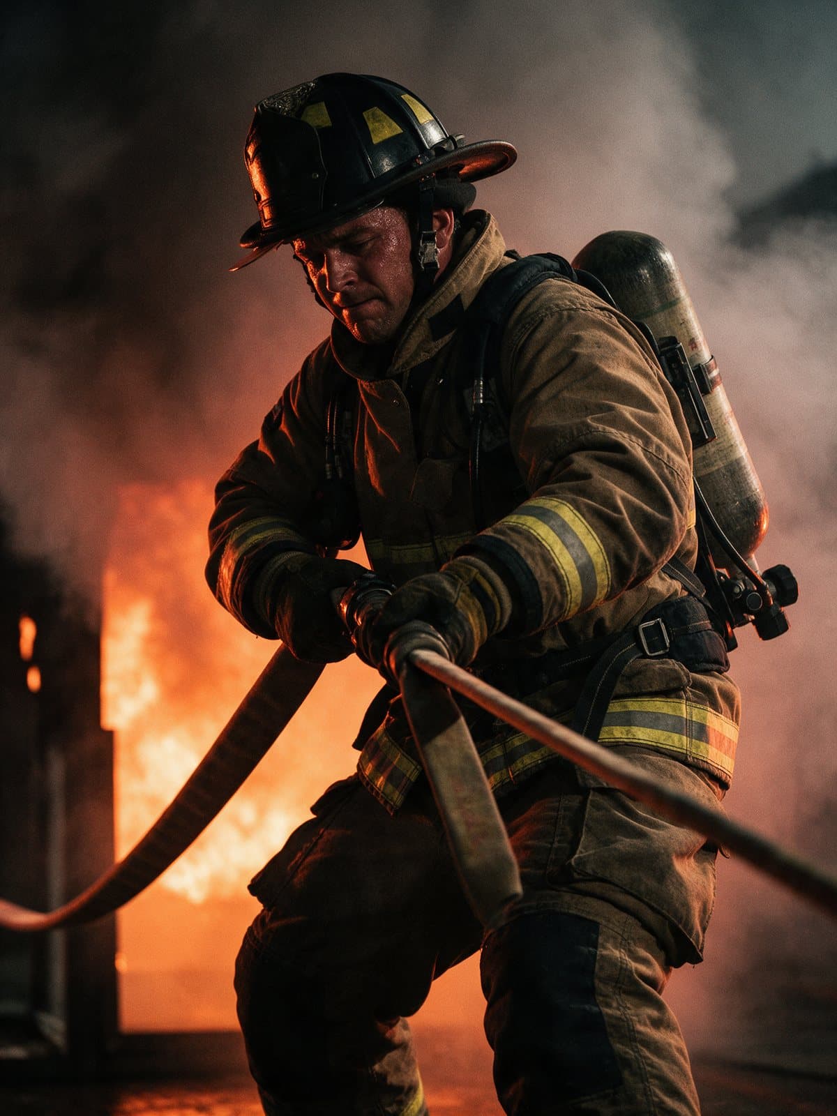 Firefighter in full turnout gear pulling a hose in front of flames