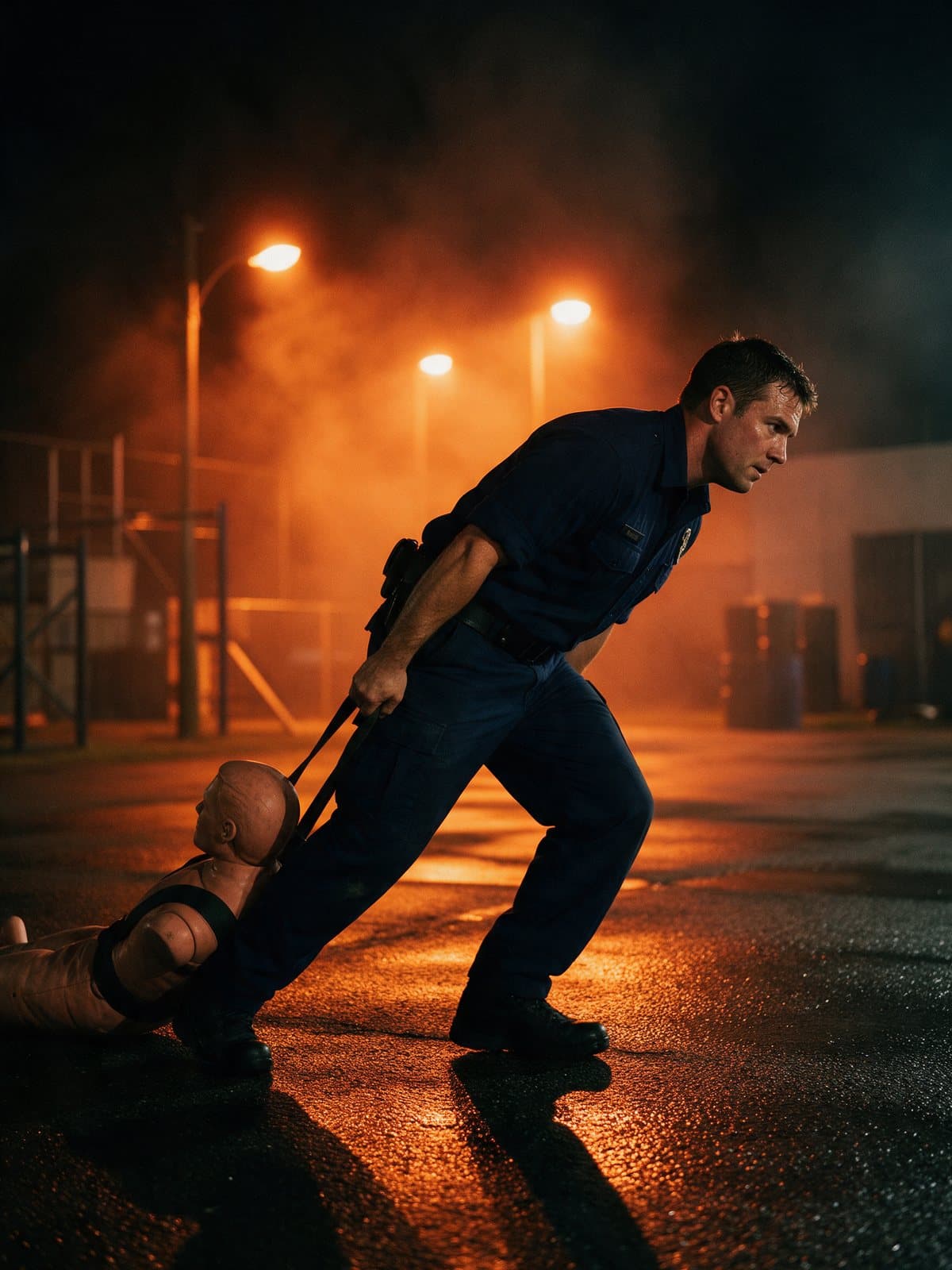 Police officer in navy uniform dragging a rescue dummy at night