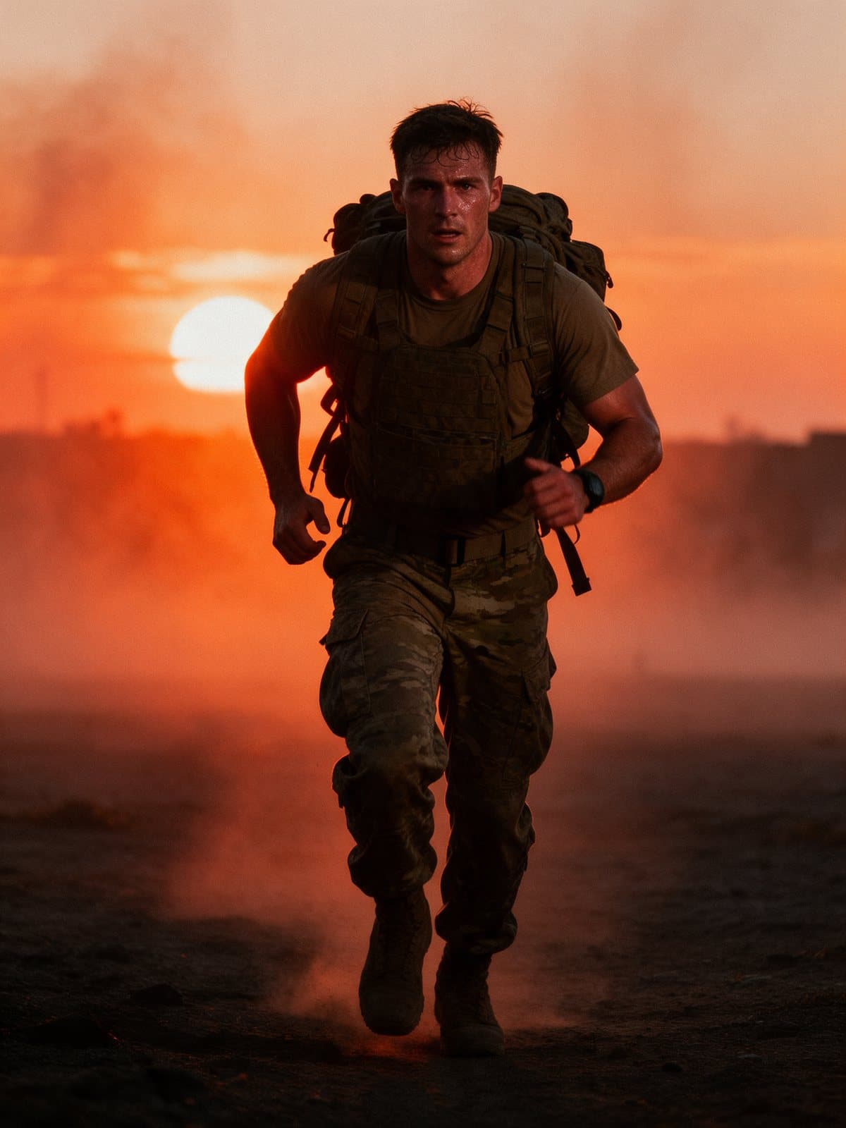 Soldier in combat uniform, plate carrier and rucksack marching at dawn