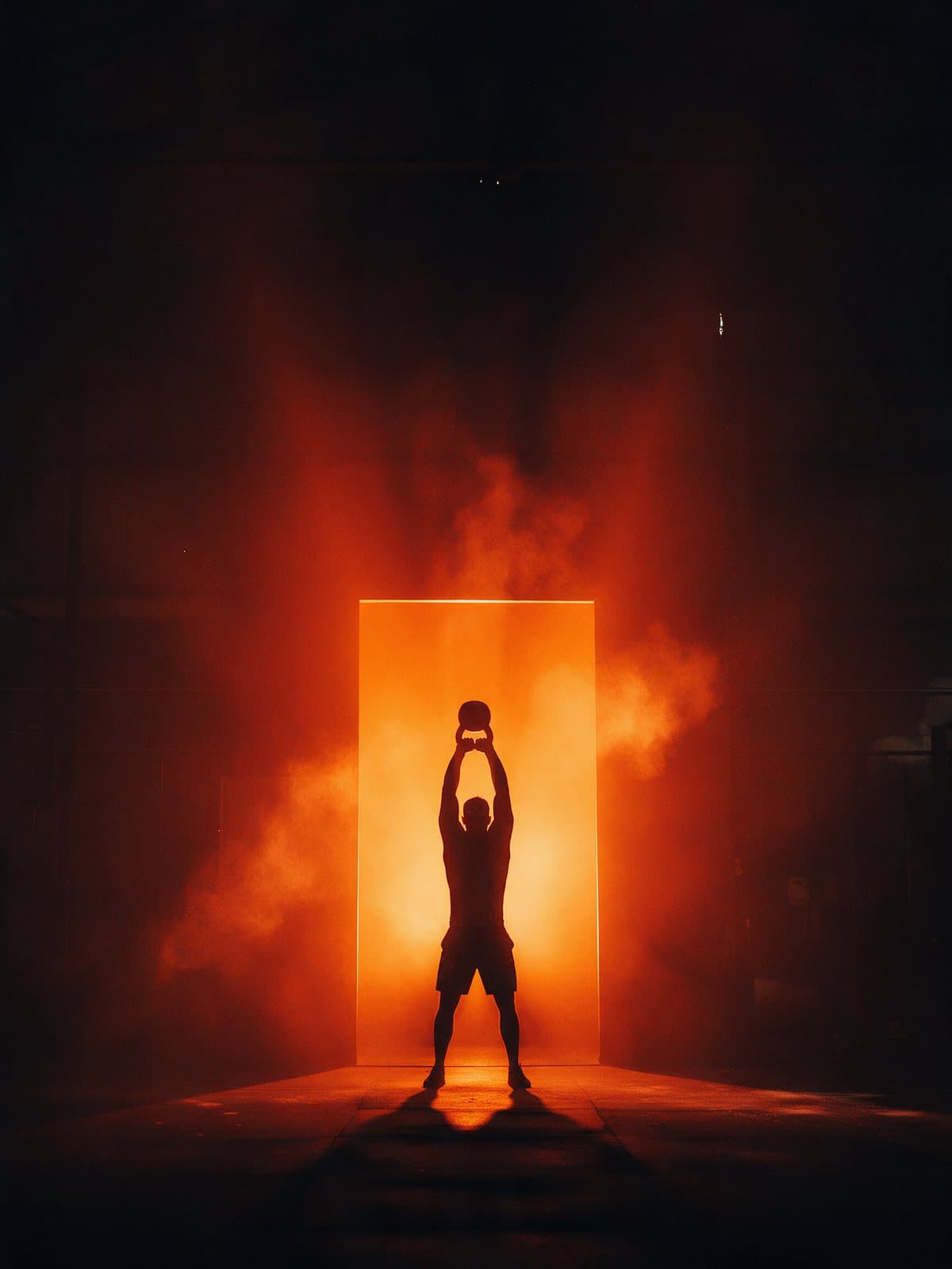 Silhouette at the top of a kettlebell swing, framed in a glowing orange doorway