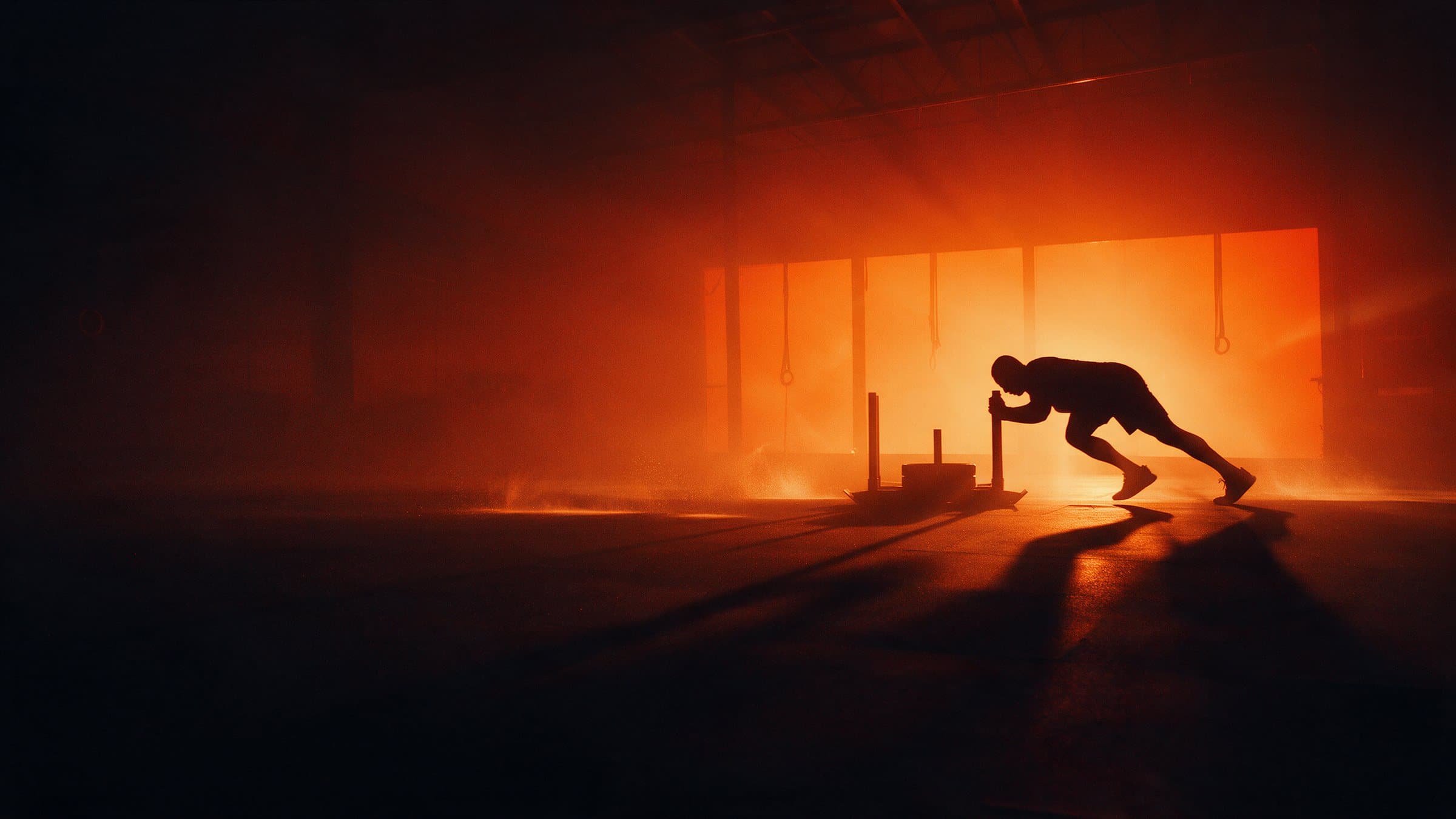 Silhouette of an athlete driving a sled toward a wall of orange light